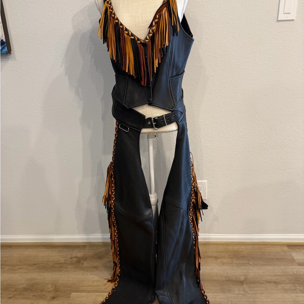 Women's beautiful, soft Black Leather Wide-Leg Fringe Chaps with Tan Accents